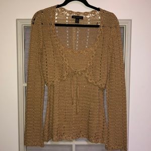 Gold crochet camisole with crop sweater.